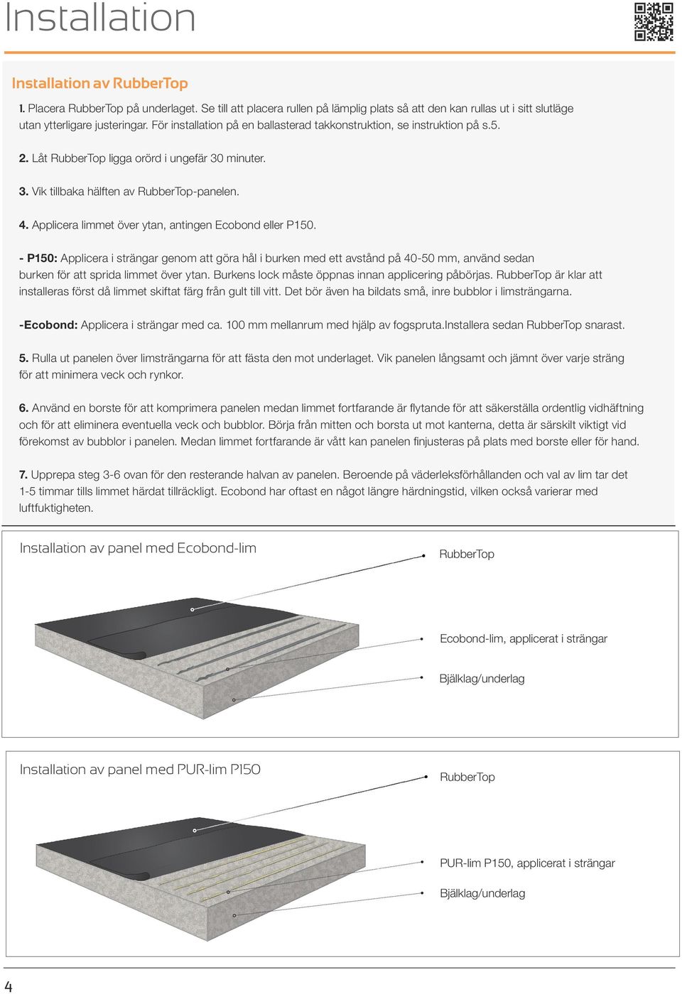 Applicera limmet över ytan, antingen Ecobond eller P150. - P150: Applicera i strängar genom att göra hål i burken med ett avstånd på 40-50 mm, använd sedan burken för att sprida limmet över ytan.