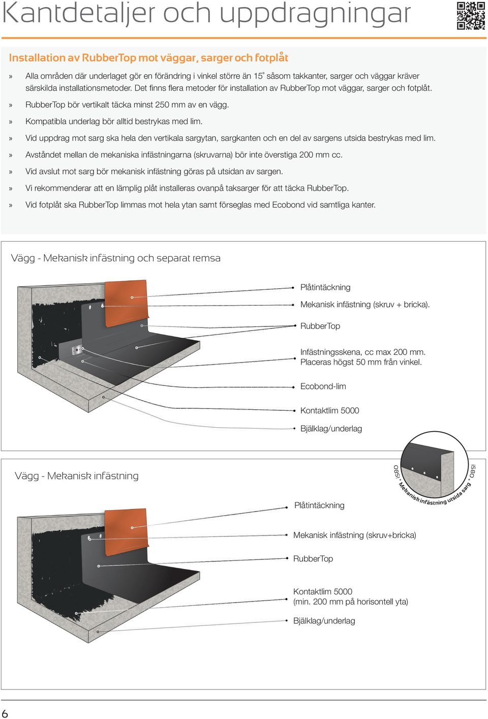 särskilda installationsmetoder. Det finns flera metoder för installation av RubberTop mot väggar, sarger och fotplåt. RubberTop bör vertikalt täcka minst 250 mm av en vägg.