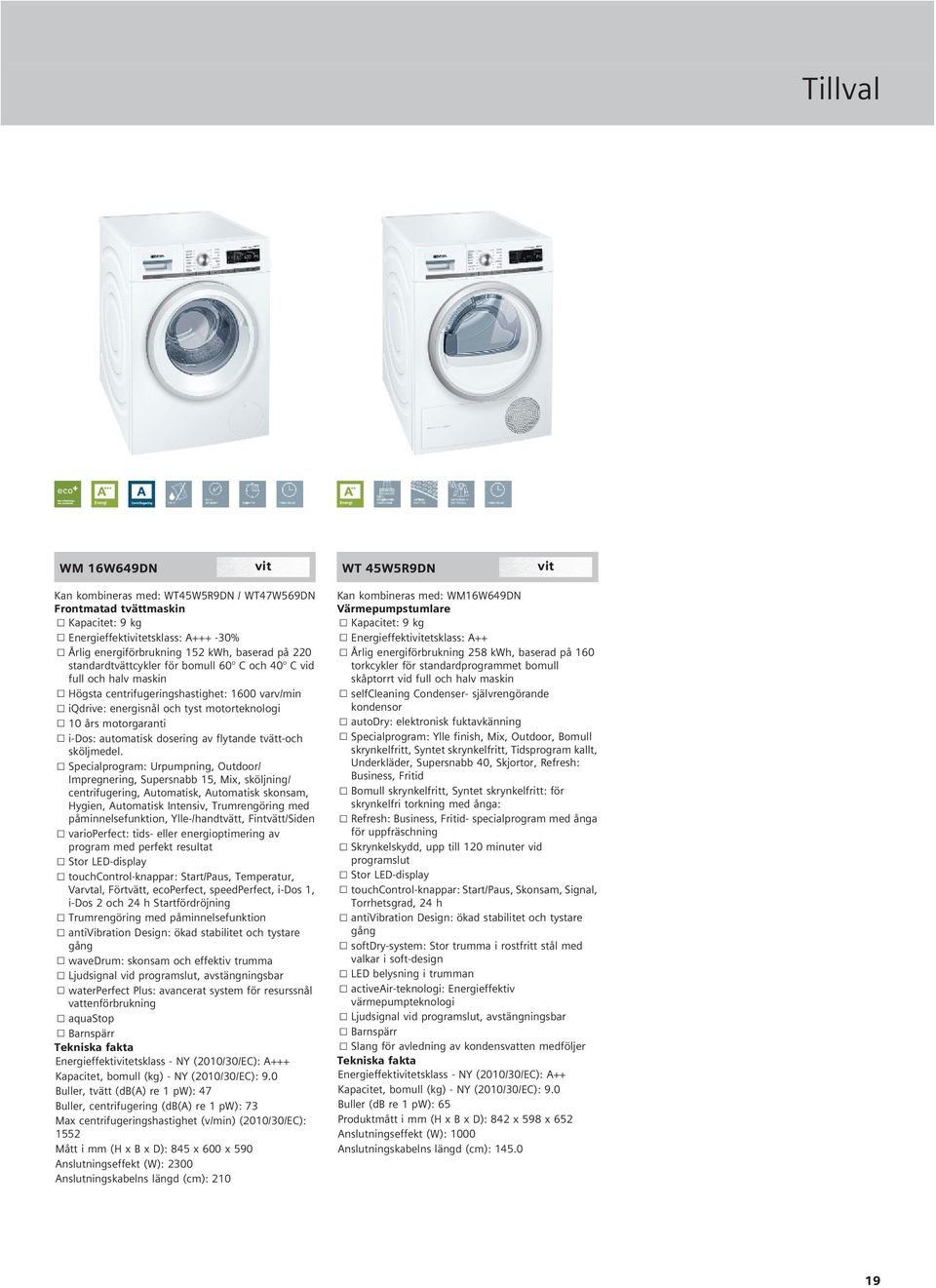 standardprogrammet bomull full och halv maskin skåptorrt vid full och halv maskin Högsta centrifugeringshastighet: 1600 varv/min selfcleaning Condenser- självrengörande iqdrive: energisnål och tyst