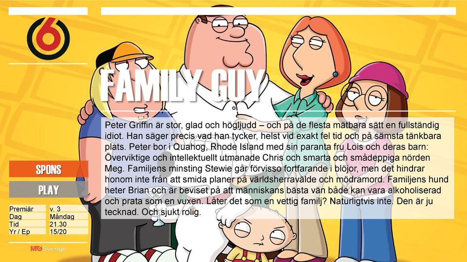 Peter bor i Quahog, Rhode Island med sin paranta fru Lois och deras barn: Överviktige och intellektuellt utmanade Chris och smarta och smådeppiga nörden Meg.