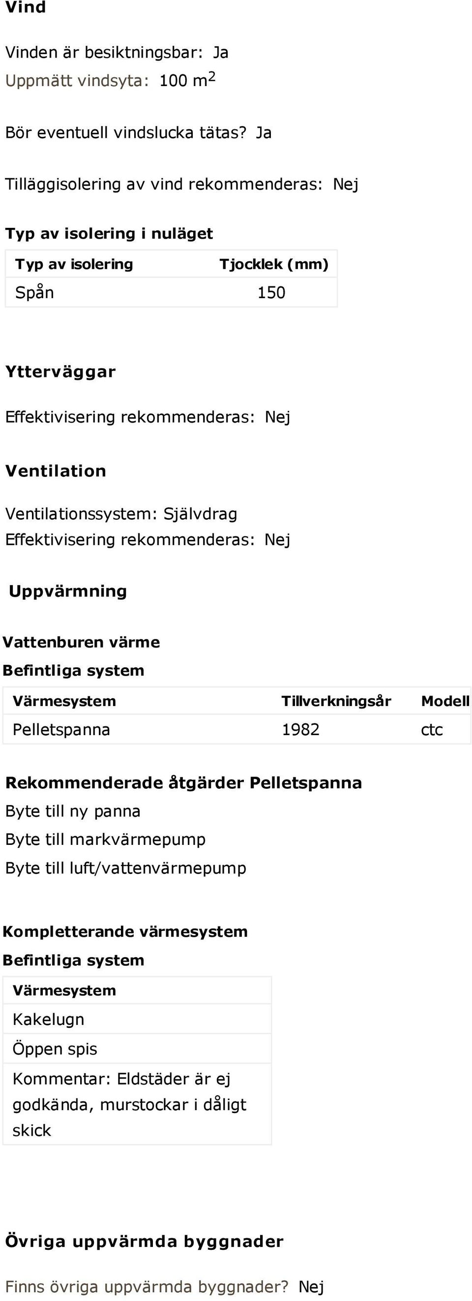 Ventilationssystem: Självdrag Effektivisering rekommenderas: Nej Uppvärmning Vattenburen värme Befintliga system Värmesystem Tillverkningsår Modell Pelletspanna 1982 ctc Rekommenderade