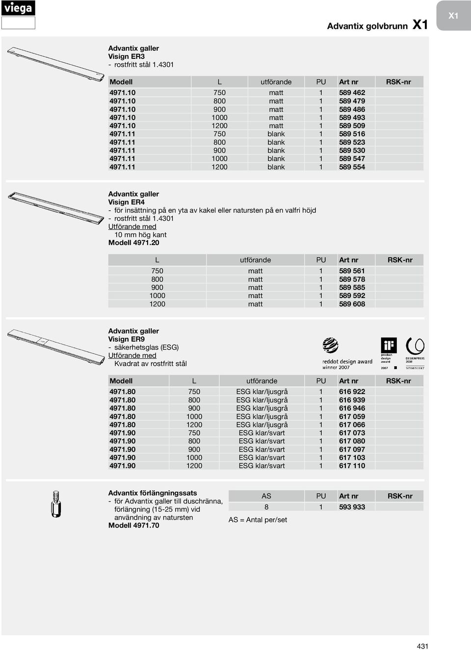 11 1200 blank 1 589 554 Visign ER4 för insättning på en yta av kakel eller natursten på en valfri höjd rostfritt stål 1.4301 10 mm hög kant Modell 4971.