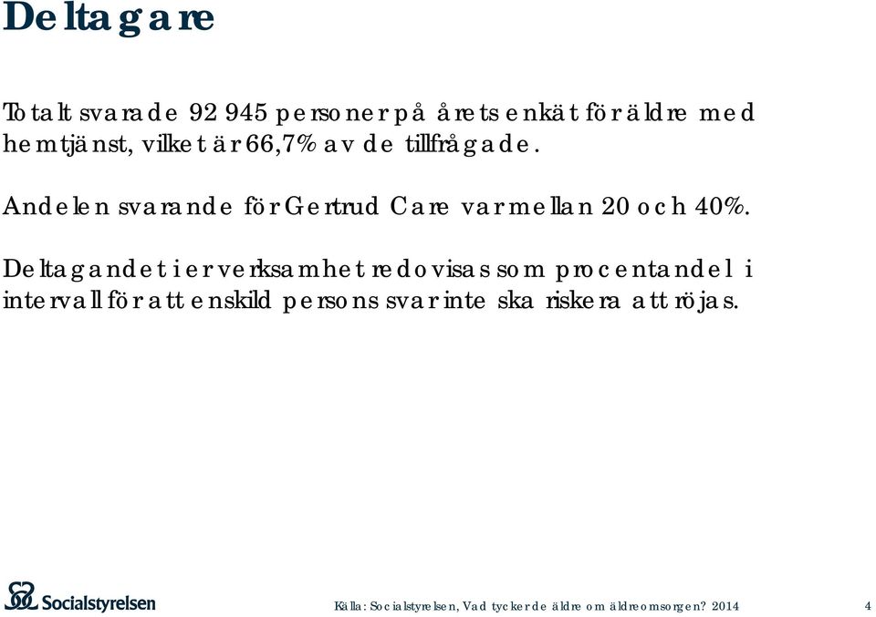 Deltagandet i er verksamhet redovisas som procentandel i intervall för att enskild persons