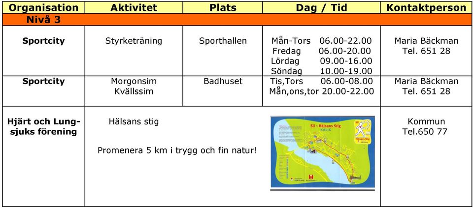 00 Sportcity Morgonsim Badhuset Tis,Tors 06.00-08.00 Maria Bäckman Kvällssim Mån,ons,tor 20.00-22.