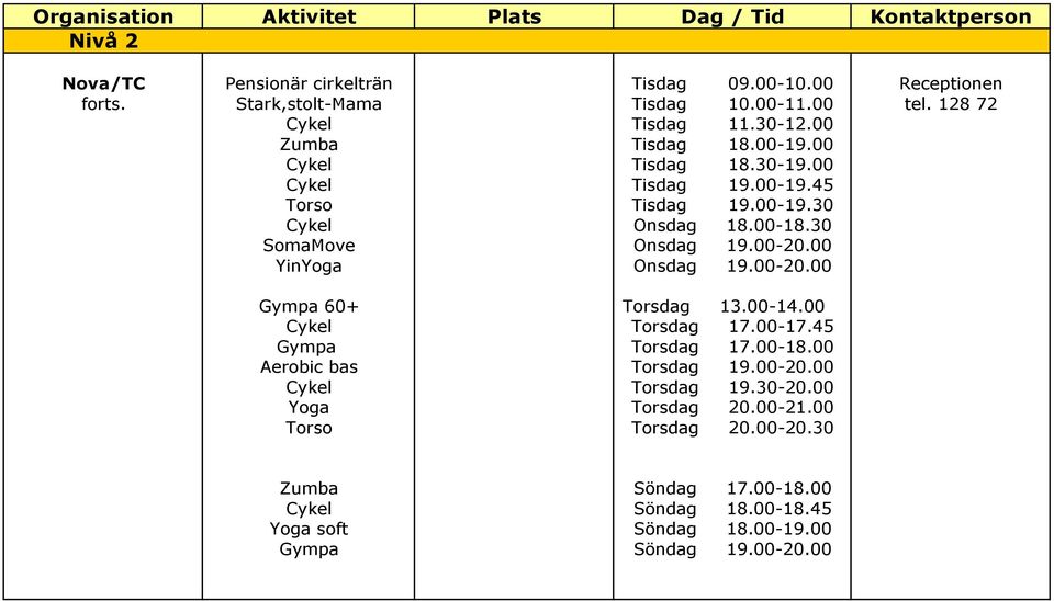 30 SomaMove Onsdag 19.00-20.00 YinYoga Onsdag 19.00-20.00 Gympa 60+ Torsdag 13.00-14.00 Cykel Torsdag 17.00-17.45 Gympa Torsdag 17.00-18.00 Aerobic bas Torsdag 19.00-20.00 Cykel Torsdag 19.