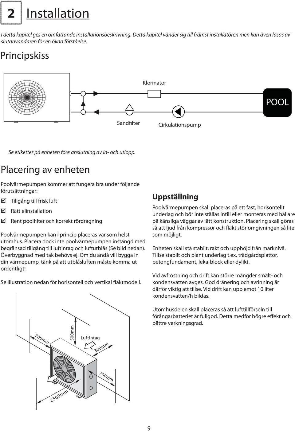 Placering av enheten Poolvärmepumpen kommer att fungera bra under följande förutsättningar: Tillgång till frisk luft Rätt elinstallation Rent poolfilter och korrekt rördragning Poolvärmepumpen kan i