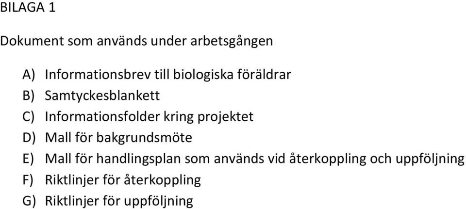 projektet D) Mall för bakgrundsmöte E) Mall för handlingsplan som används vid