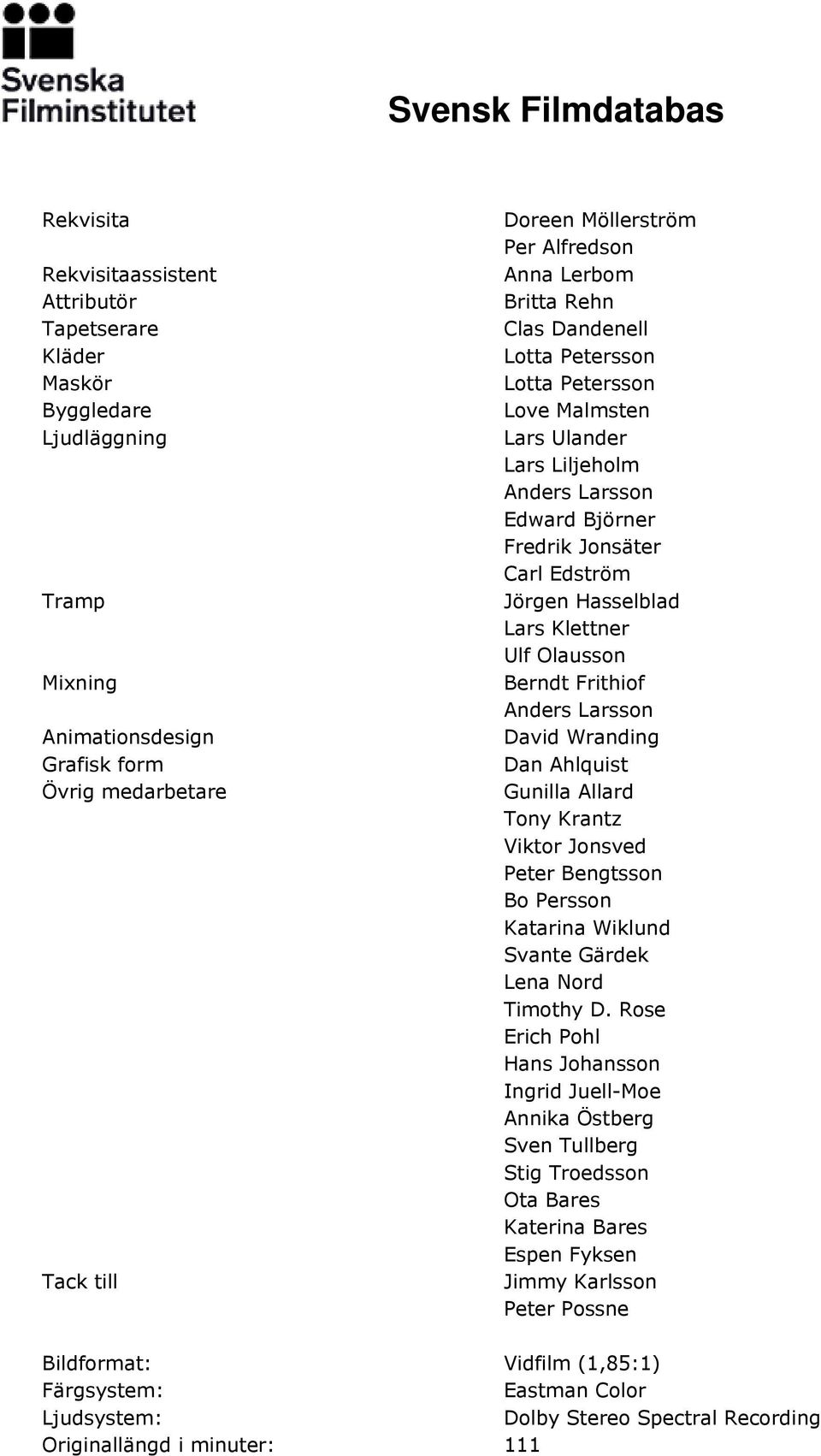 Ulf Olausson Berndt Frithiof Anders Larsson David Wranding Dan Ahlquist Gunilla Allard Tony Krantz Viktor Jonsved Peter Bengtsson Bo Persson Katarina Wiklund Svante Gärdek Lena Nord Timothy D.