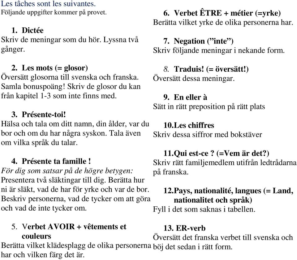 Les mots (= glosor) Översätt glosorna till svenska och franska. Samla bonuspoäng! Skriv de glosor du kan från kapitel 1-3 som inte finns med. 3. Présente-toi!