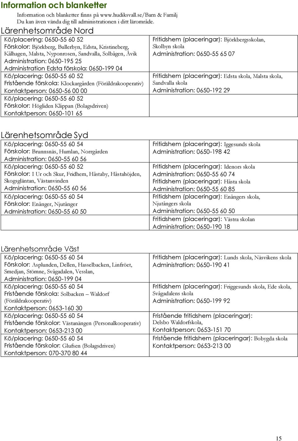 Administration Edsta förskola: 0650-199 04 Kö/placering: 0650-55 60 52 Fristående förskola: Klockargården (Föräldrakooperativ) Kontaktperson: 0650-56 00 00 Kö/placering: 0650-55 60 52 Förskolor: