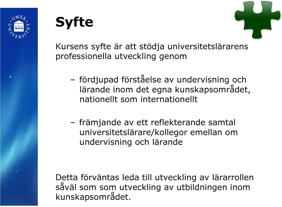 främjande av ett reflekterande samtal universitetslärare/kollegor emellan om undervisning och lärande