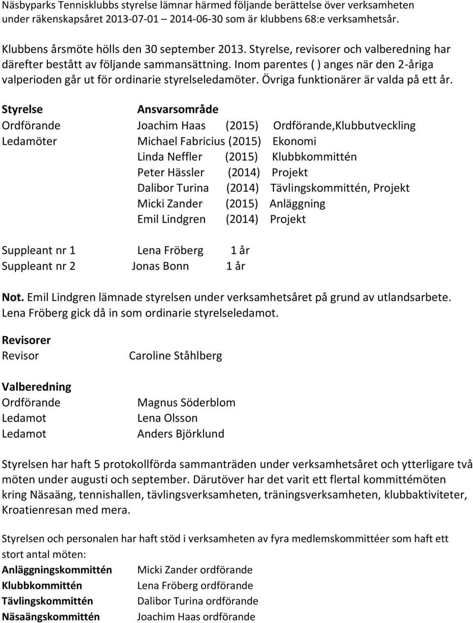 Inom parentes ( ) anges när den 2-åriga valperioden går ut för ordinarie styrelseledamöter. Övriga funktionärer är valda på ett år.