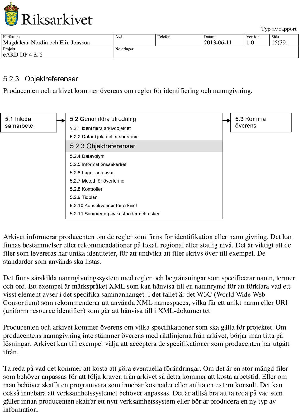 2.8 Kontroller 5.2.9 Tidplan 5.2.10 Konsekvenser för arkivet 5.2.11 Summering av kostnader och risker 5.