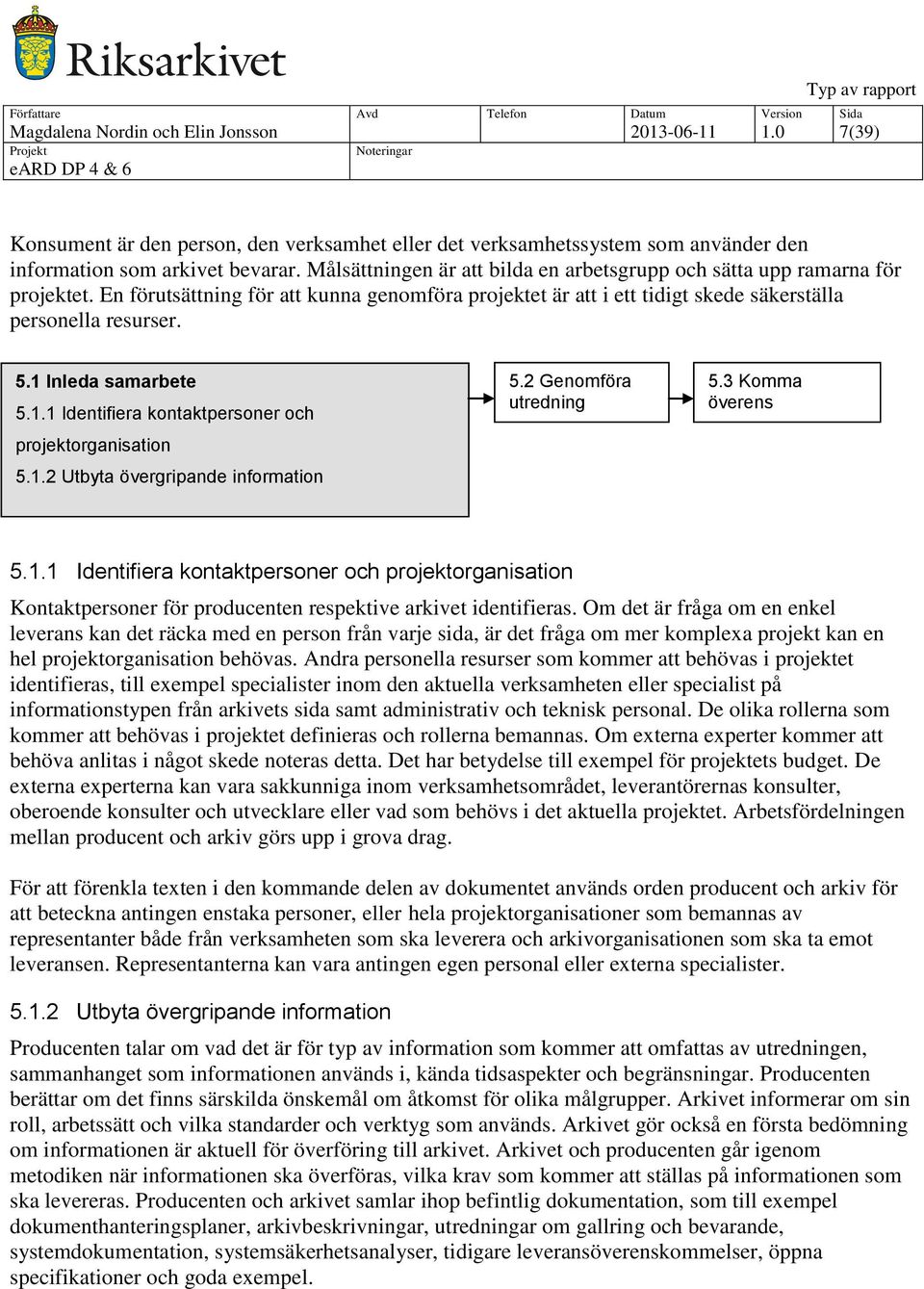 1 Inleda samarbete 5.1.1 Identifiera kontaktpersoner och projektorganisation 5.1.2 Utbyta övergripande information 5.2 Genomföra utredning 5.3 Komma överens 5.1.1 Identifiera kontaktpersoner och projektorganisation Kontaktpersoner för producenten respektive arkivet identifieras.