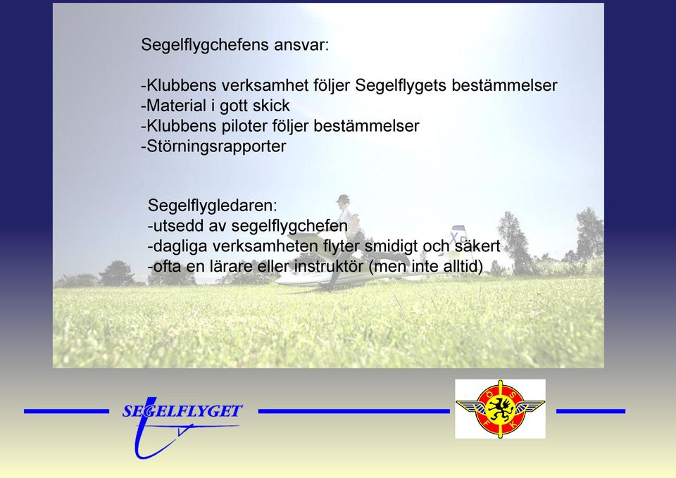 -Störningsrapporter Segelflygledaren: -utsedd av segelflygchefen -dagliga