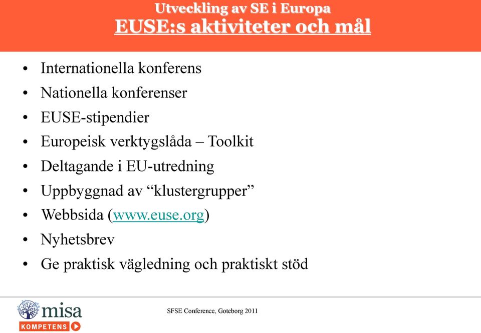 Deltagande i EU-utredning Uppbyggnad av klustergrupper Webbsida (www.euse.