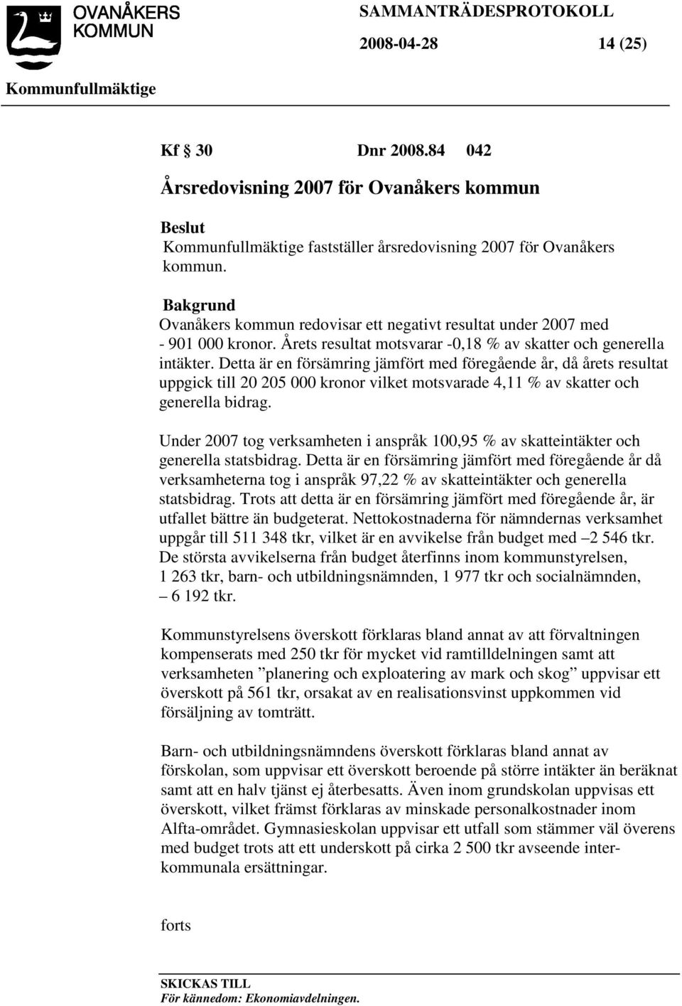 Detta är en försämring jämfört med föregående år, då årets resultat uppgick till 20 205 000 kronor vilket motsvarade 4,11 % av skatter och generella bidrag.