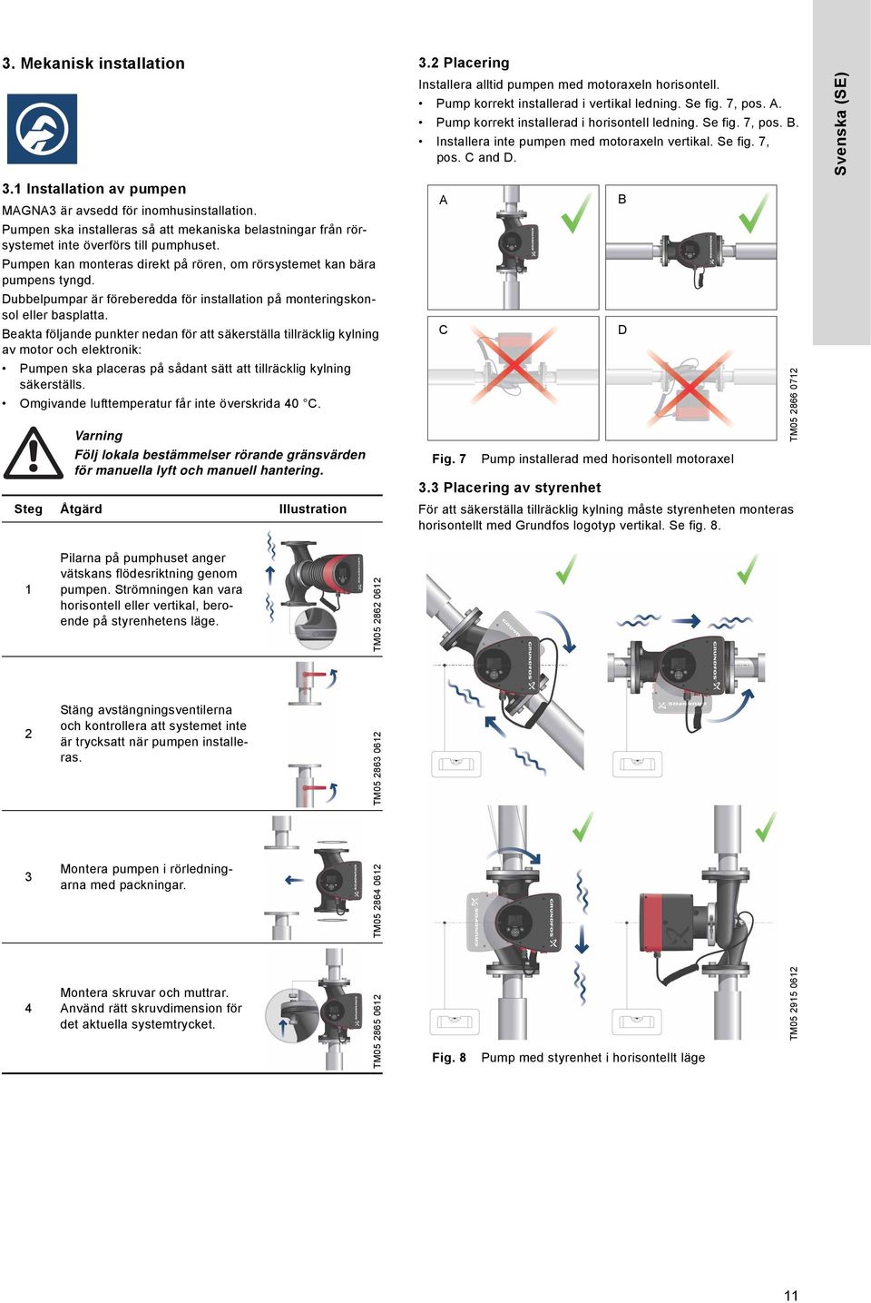 1 Installation av pumpen MAGNA3 är avsedd för inomhusinstallation. Pumpen ska installeras så att mekaniska belastningar från rörsystemet inte överförs till pumphuset.