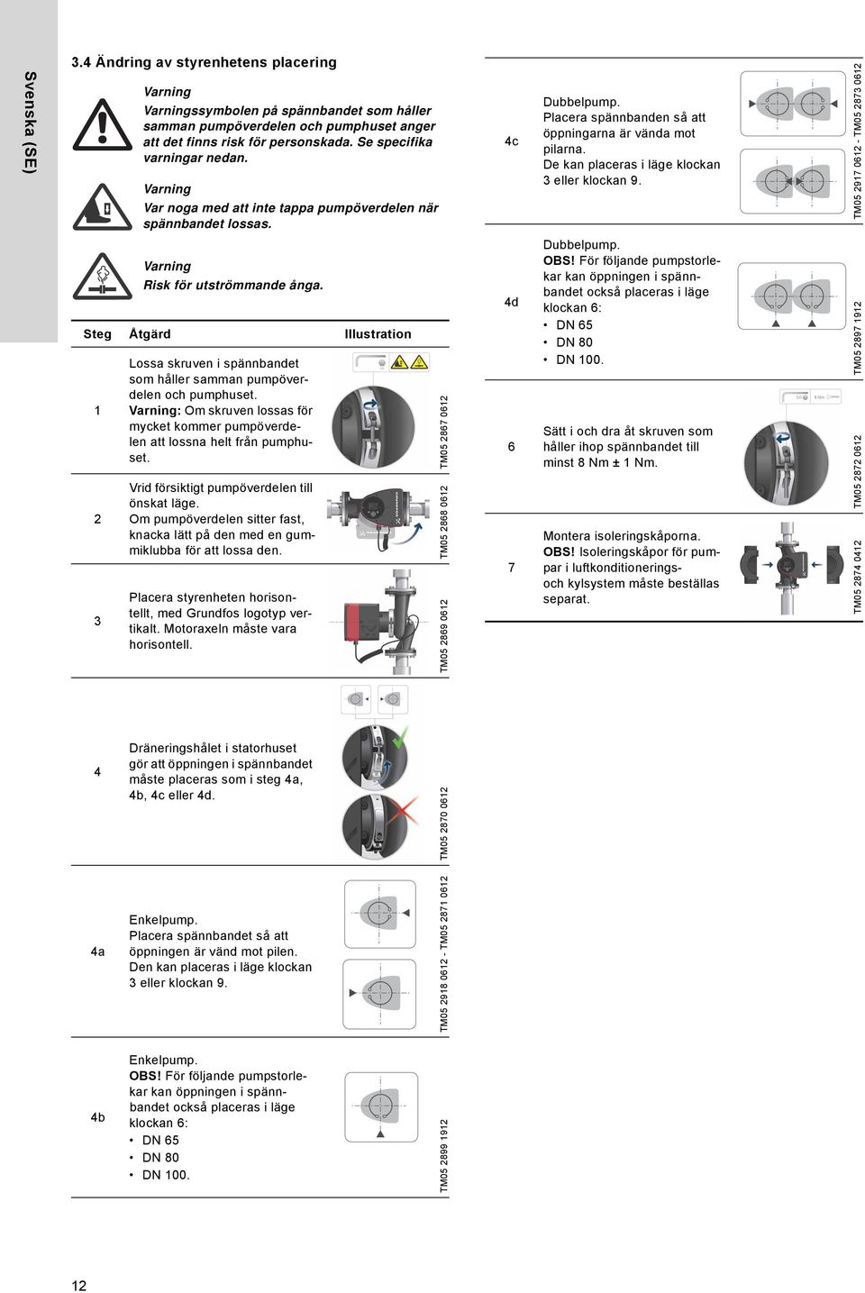 TM05 2917 0612 - TM05 2873 0612 Risk för utströmmande ånga. Steg Åtgärd Illustration 1 2 3 Lossa skruven i spännbandet som håller samman pumpöverdelen och pumphuset.