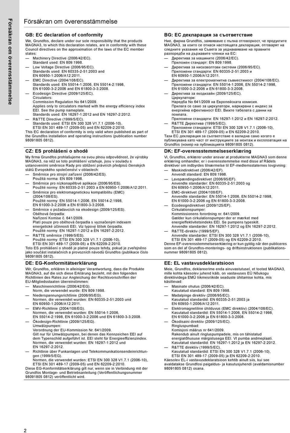 Low Voltage Directive (2006/95/EC). Standards used: EN 60335-2-51:2003 and EMC Directive (2004/108/EC). Standards used: EN 55014-1:2006, EN 55014-2:1998, EN 61000-3-2:2006 and EN 61800-3-3:2008.