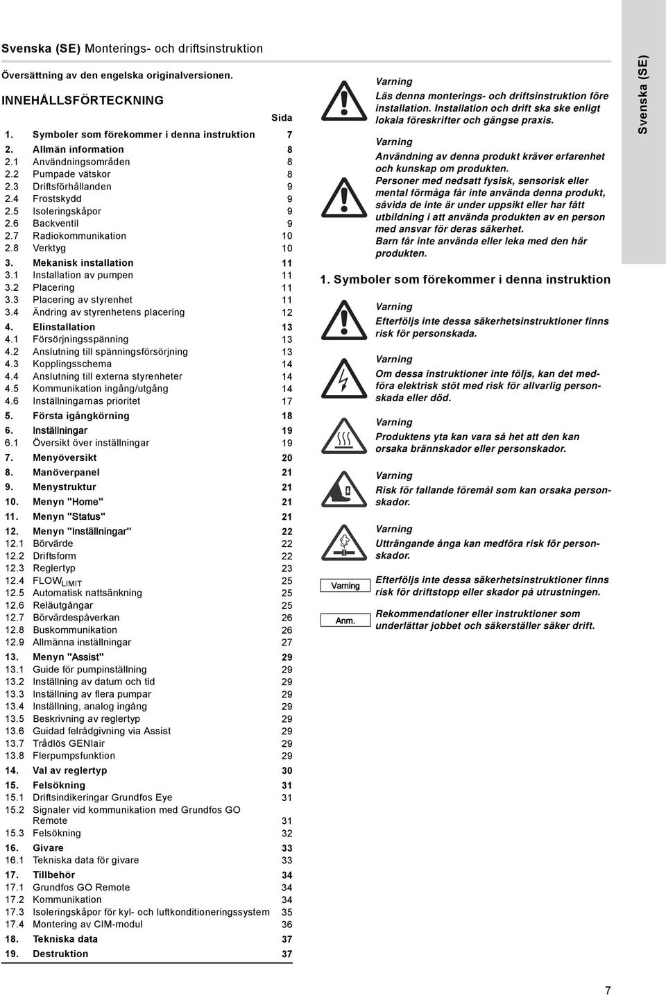 1 Installation av pumpen 11 3.2 Placering 11 3.3 Placering av styrenhet 11 3.4 Ändring av styrenhetens placering 12 4. Elinstallation 13 4.1 Försörjningsspänning 13 4.