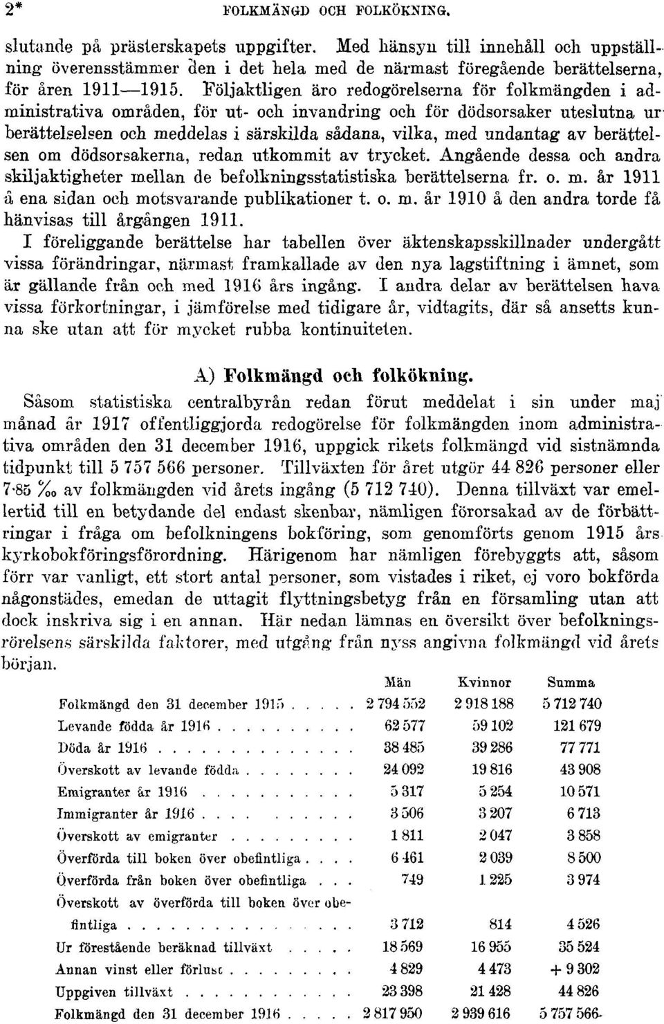 av berättelsen om dödsorsakerna, redan utkommit av trycket. Angående dessa och andra skiljaktigheter mellan de befolkningsstatistiska berättelserna fr. o. m. år 1911 â ena sidan och motsvarande publikationer t.