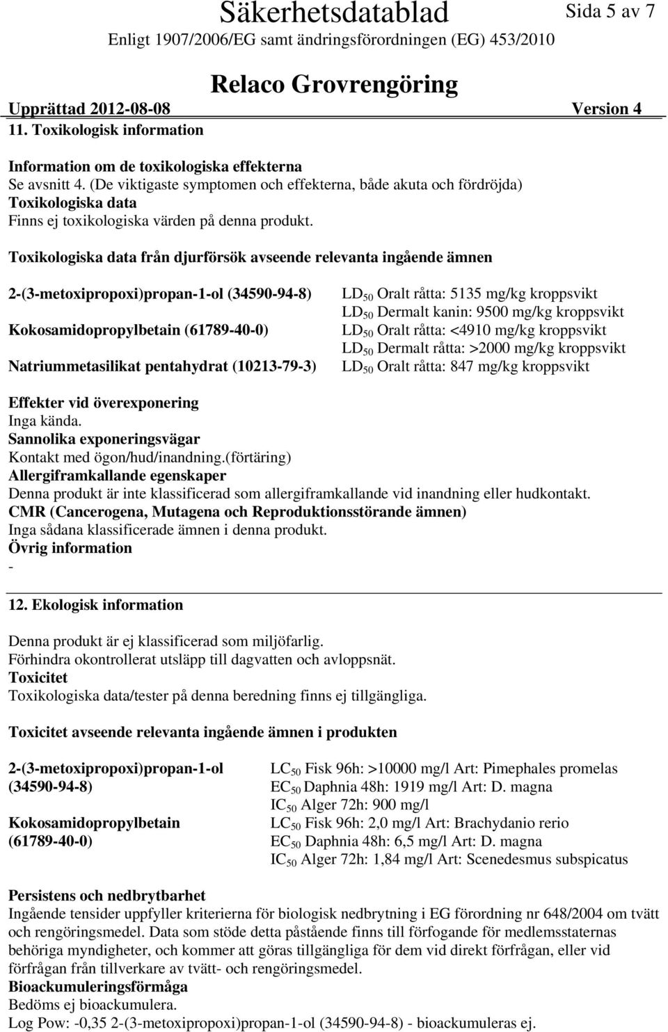 Toxikologiska data från djurförsök avseende relevanta ingående ämnen 2(3metoxipropoxi)propan1ol (34590948) Kokosamidopropylbetain (61789400) Natriummetasilikat pentahydrat (10213793) LD 50 Oralt