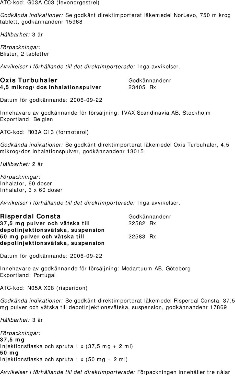 Oxis Turbuhaler 4,5 mikrog/dos inhalationspulver 23405 Rx Innehavare av godkännande för försäljning: IVAX Scandinavia AB, Stockholm Exportland: Belgien ATC-kod: R03A C13 (formoterol) Godkända