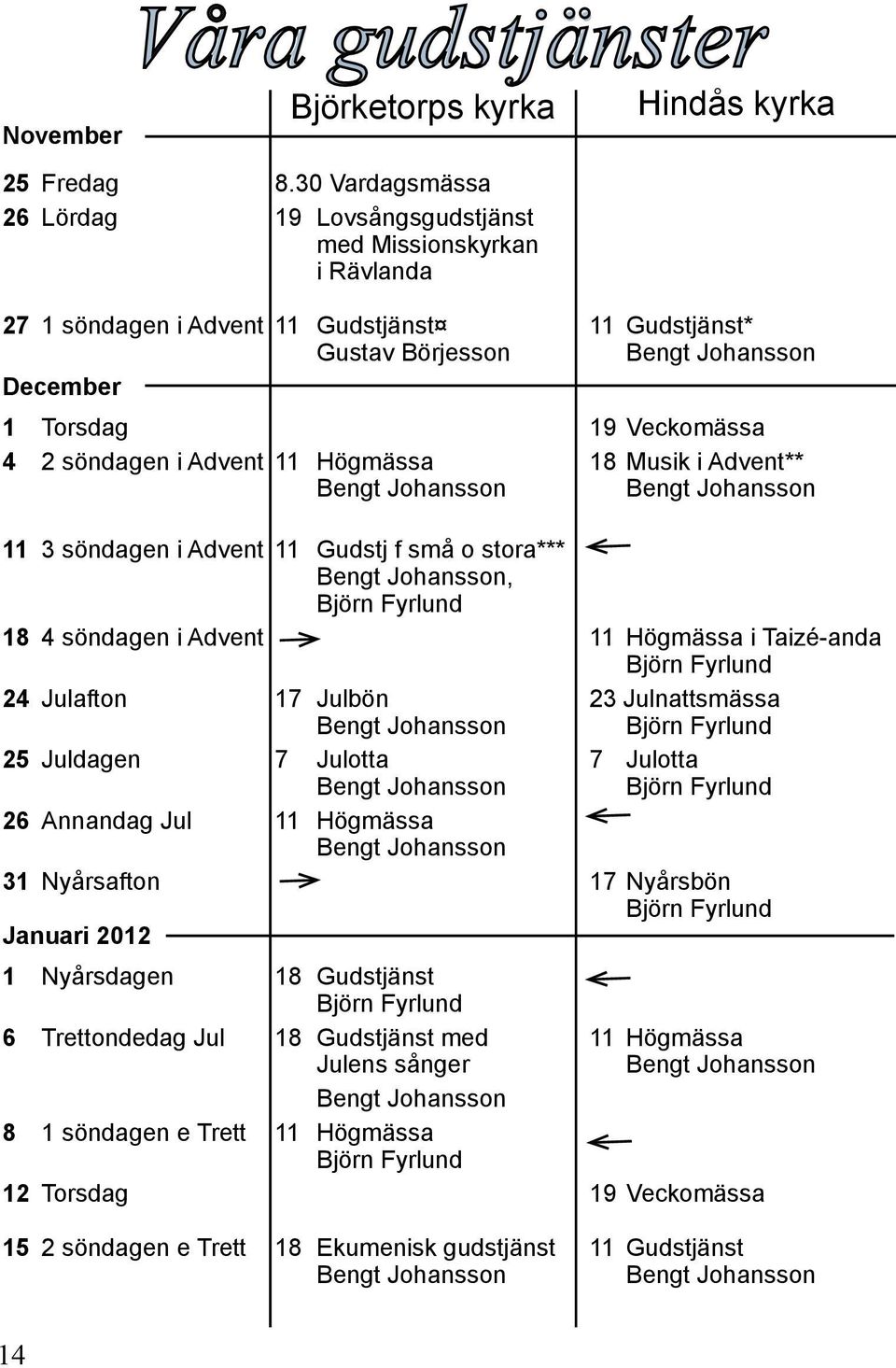 Veckomässa 4 2 söndagen i Advent 11 Högmässa 18 Musik i Advent** Bengt Johansson Bengt Johansson 11 3 söndagen i Advent 11 Gudstj f små o stora*** Bengt Johansson, 18 4 söndagen i Advent 11 Högmässa