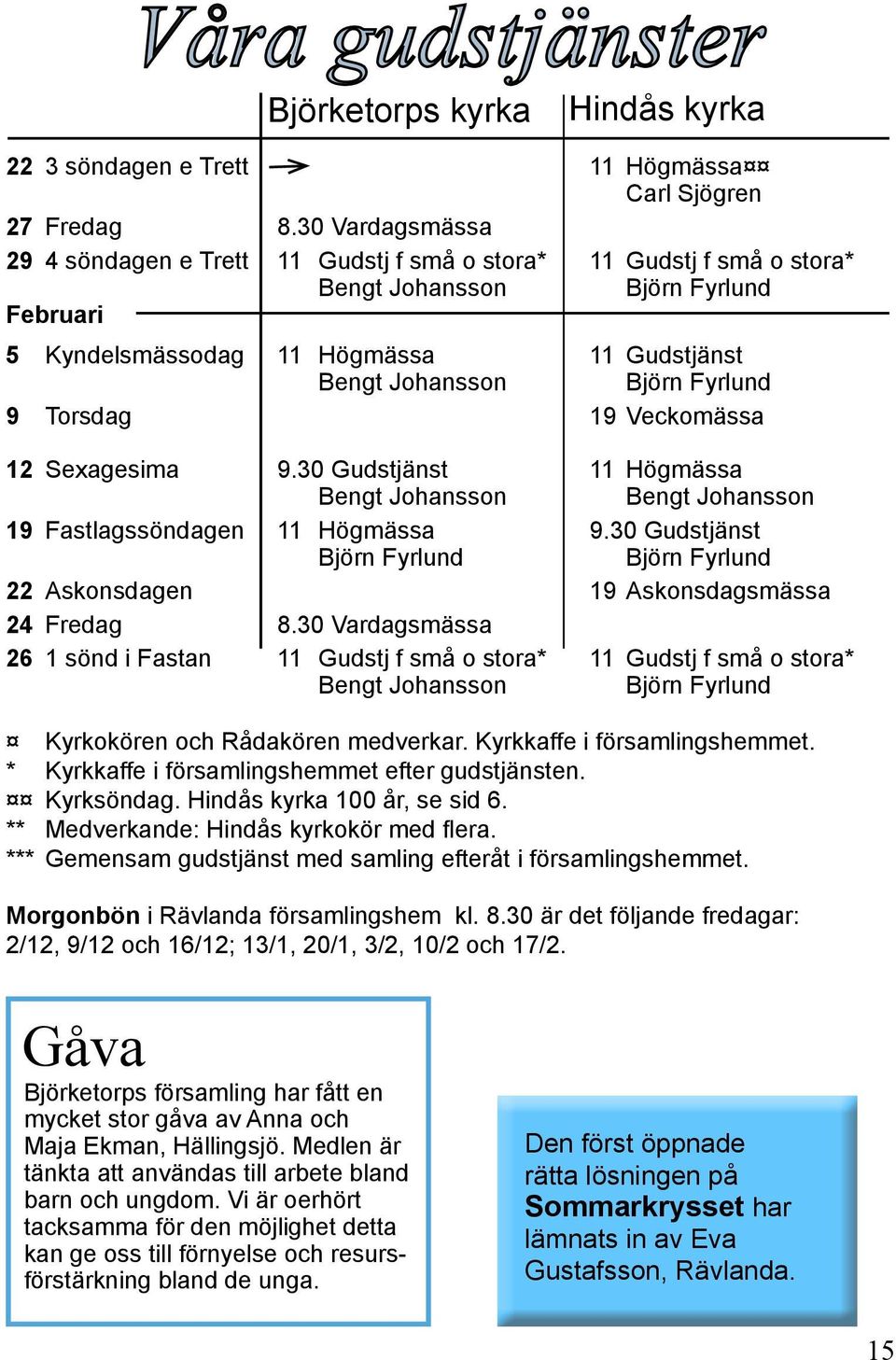 Sexagesima 9.30 Gudstjänst 11 Högmässa Bengt Johansson Bengt Johansson 19 Fastlagssöndagen 11 Högmässa 9.30 Gudstjänst 22 Askonsdagen 19 Askonsdagsmässa 24 Fredag 8.