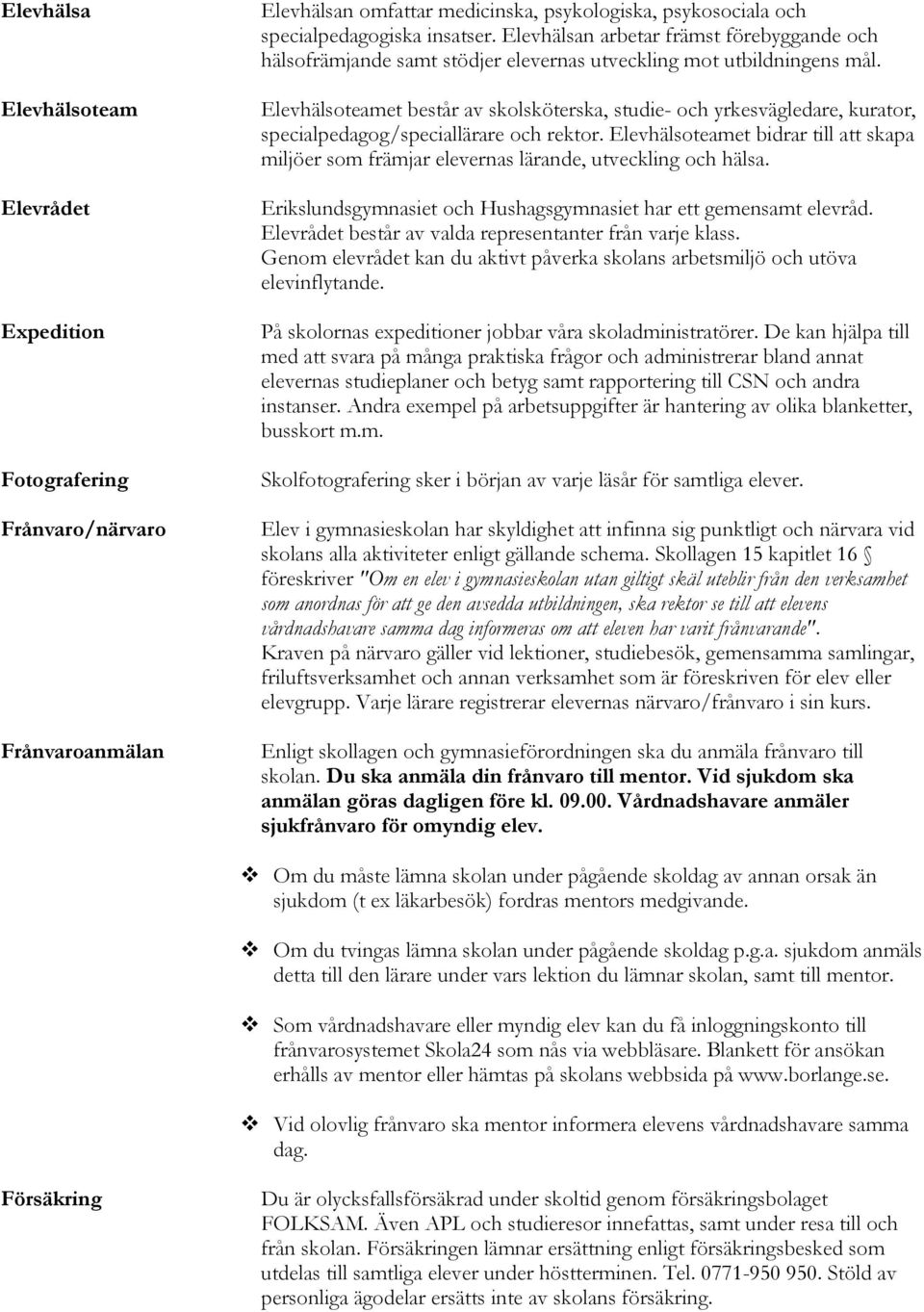 Elevhälsoteamet består av skolsköterska, studie- och yrkesvägledare, kurator, specialpedagog/speciallärare och rektor.