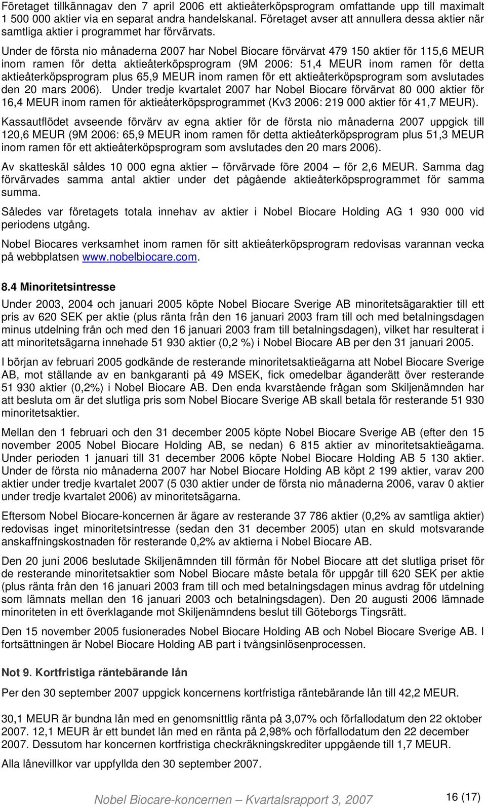 Under de första nio månaderna 2007 har Nobel Biocare förvärvat 479 150 aktier för 115,6 MEUR inom ramen för detta aktieåterköpsprogram (9M 2006: 51,4 MEUR inom ramen för detta aktieåterköpsprogram