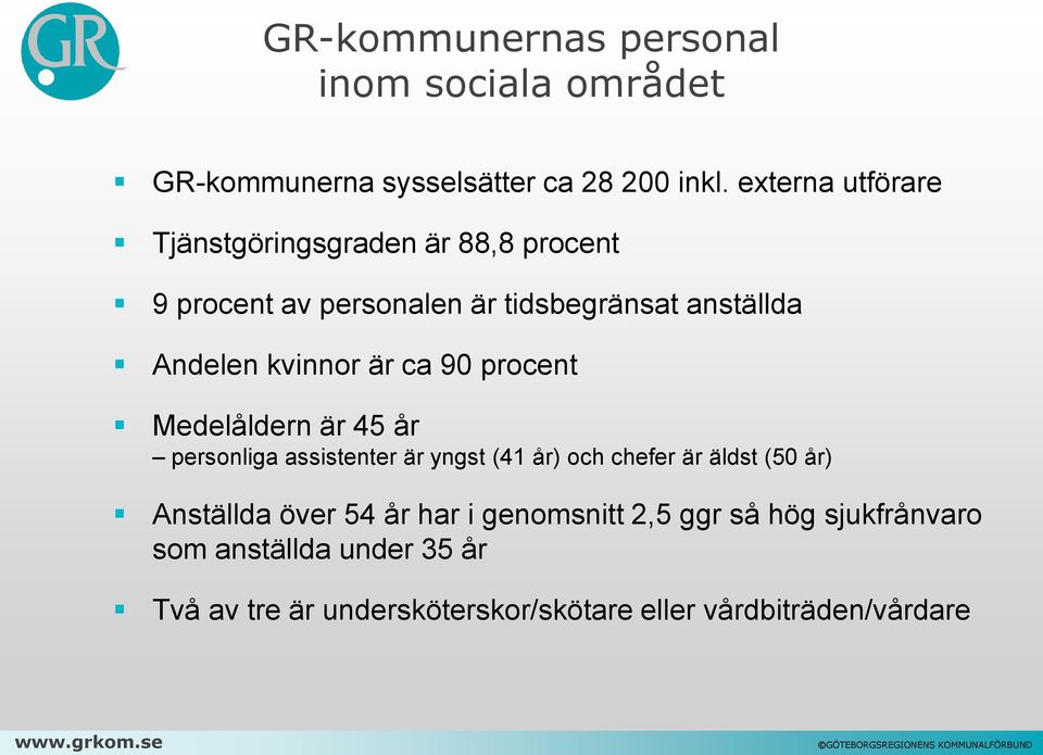 kvinnor är ca 90 procent Medelåldern är 45 år personliga assistenter är yngst (41 år) och chefer är äldst (50 år)