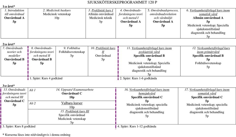 Verksamhetsförlagd kurs inom somatisk vård Allmän omvårdnad A Medicinsk vetenskap; Speciella sjukdomstillstånd diagnostik och behandling 2:a året* 7. Omvårdnads teorier och modeller Omvårdnad B 8.