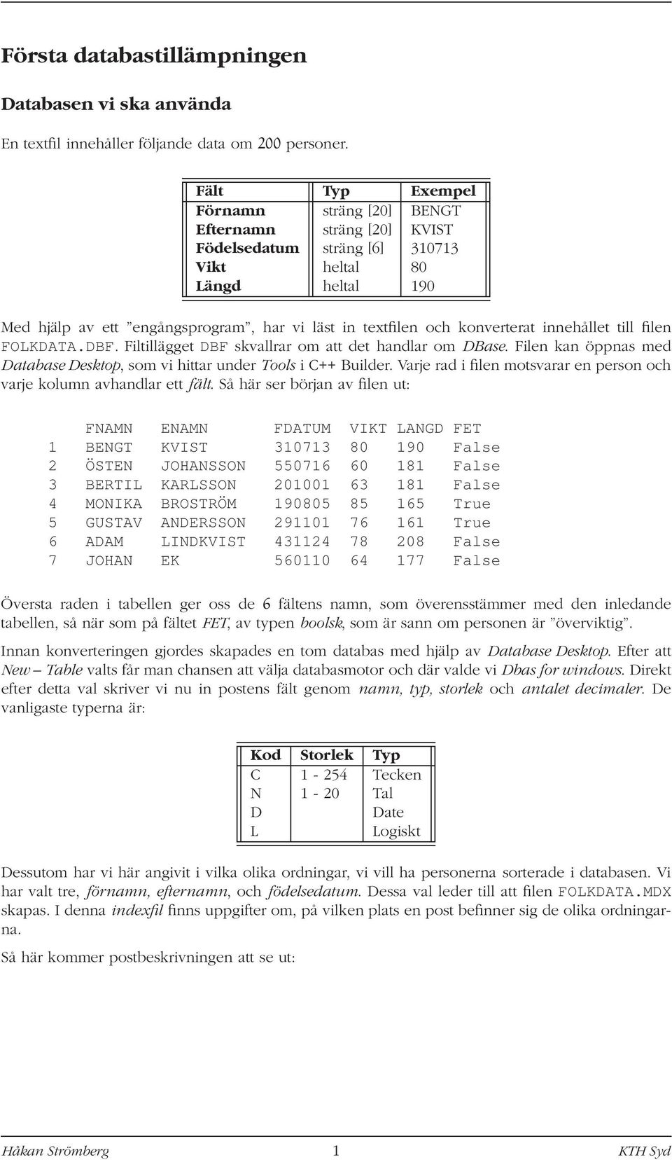 konverterat innehållet till filen FOLKDATA.DBF. Filtillägget DBF skvallrar om att det handlar om DBase. Filen kan öppnas med Database Desktop, som vi hittar under Tools i C++ Builder.