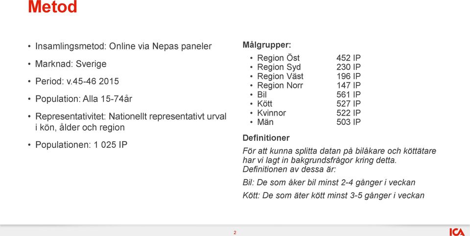 Målgrupper: Region Öst Region Syd Region Väst Region Norr Bil Kött Kvinnor Män Definitioner 452 IP 230 IP 196 IP 147 IP 561 IP 527 IP 522 IP 503