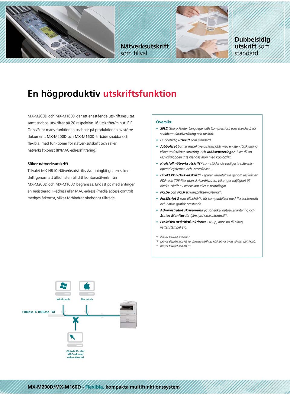 MX-M200D och MX-M60D är både snabba och flexibla, med funktioner för nätverksutskrift och säker nätverksåtkomst (IP/MAC-adressfiltrering) Säker nätverksutskrift Tillvalet MX-NB0