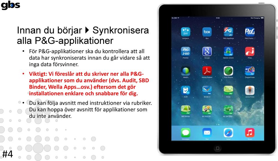 Viktigt: Vi föreslår att du skriver ner alla P&Gapplikationer som du använder (dvs. Audit, SBD Binder, Wella Apps osv.