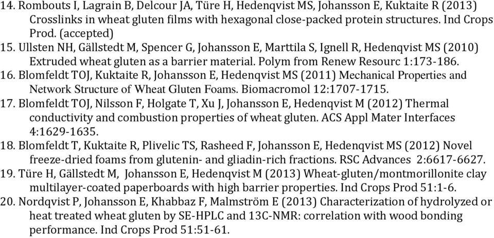 Blomfeldt TOJ, Kuktaite R, Johansson E, Hedenqvist MS (2011) Mechanical Properties and Network Structure of Wheat Gluten Foams. Biomacromol 12:1707-1715. 17.