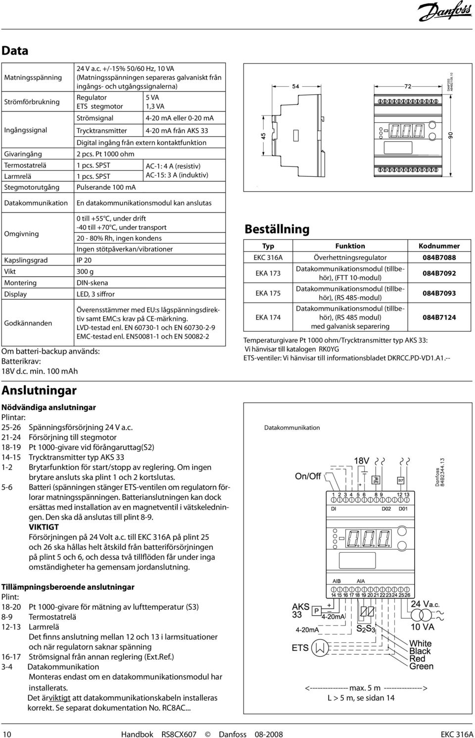 Trycktransmitter 4-20 ma från AKS 33 Digital ingång från extern kontaktfunktion Givaringång 2 pcs. Pt 1000 ohm Termostatrelä 1 pcs. SPST AC-1: 4 A (resistiv) Larmrelä 1 pcs.