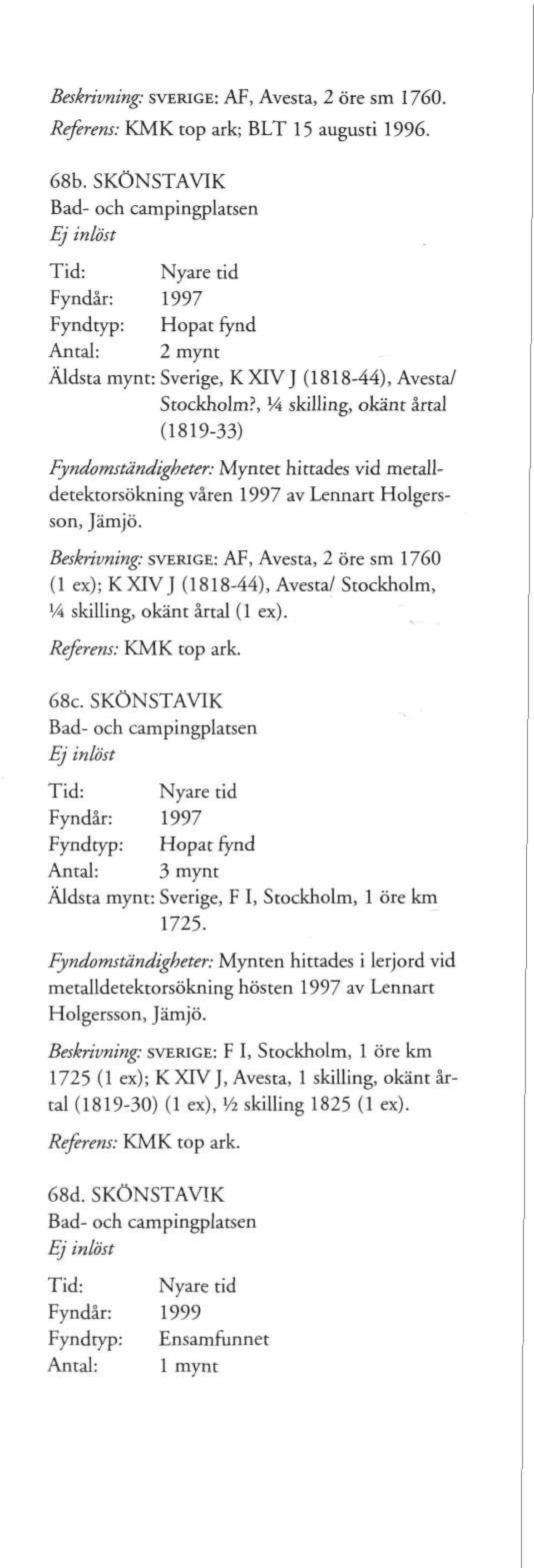 , V4 skilling, okänt årtal (1819-33) Fyndomständigheter: Myntet hittades vid metalldetektorsökning våren 1997 av Lennart Holgersson, Jämjö.