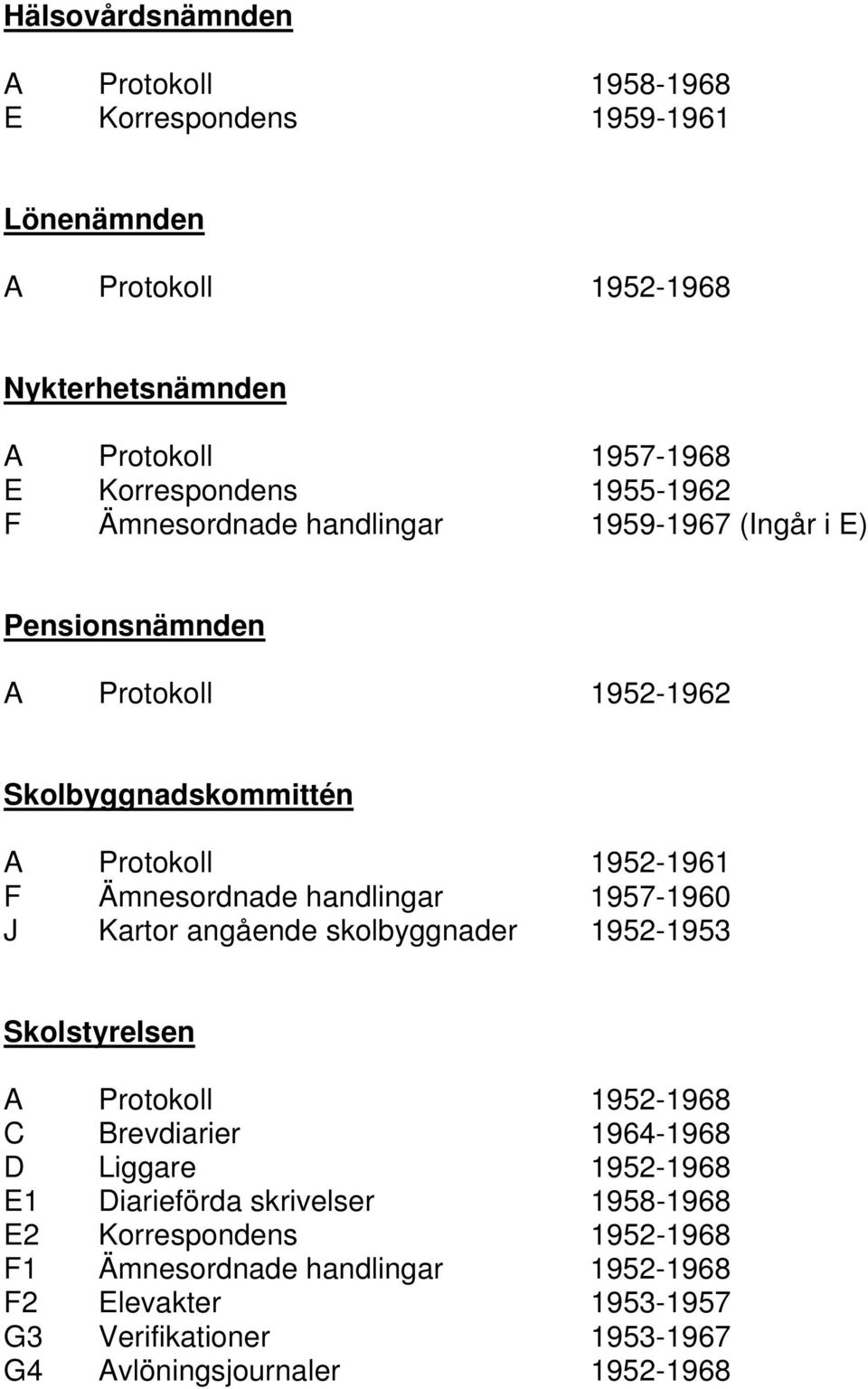 handlingar 1957-1960 J Kartor angående skolbyggnader 1952-1953 Skolstyrelsen C Brevdiarier 1964-1968 D Liggare 1952-1968 E1 Diarieförda skrivelser