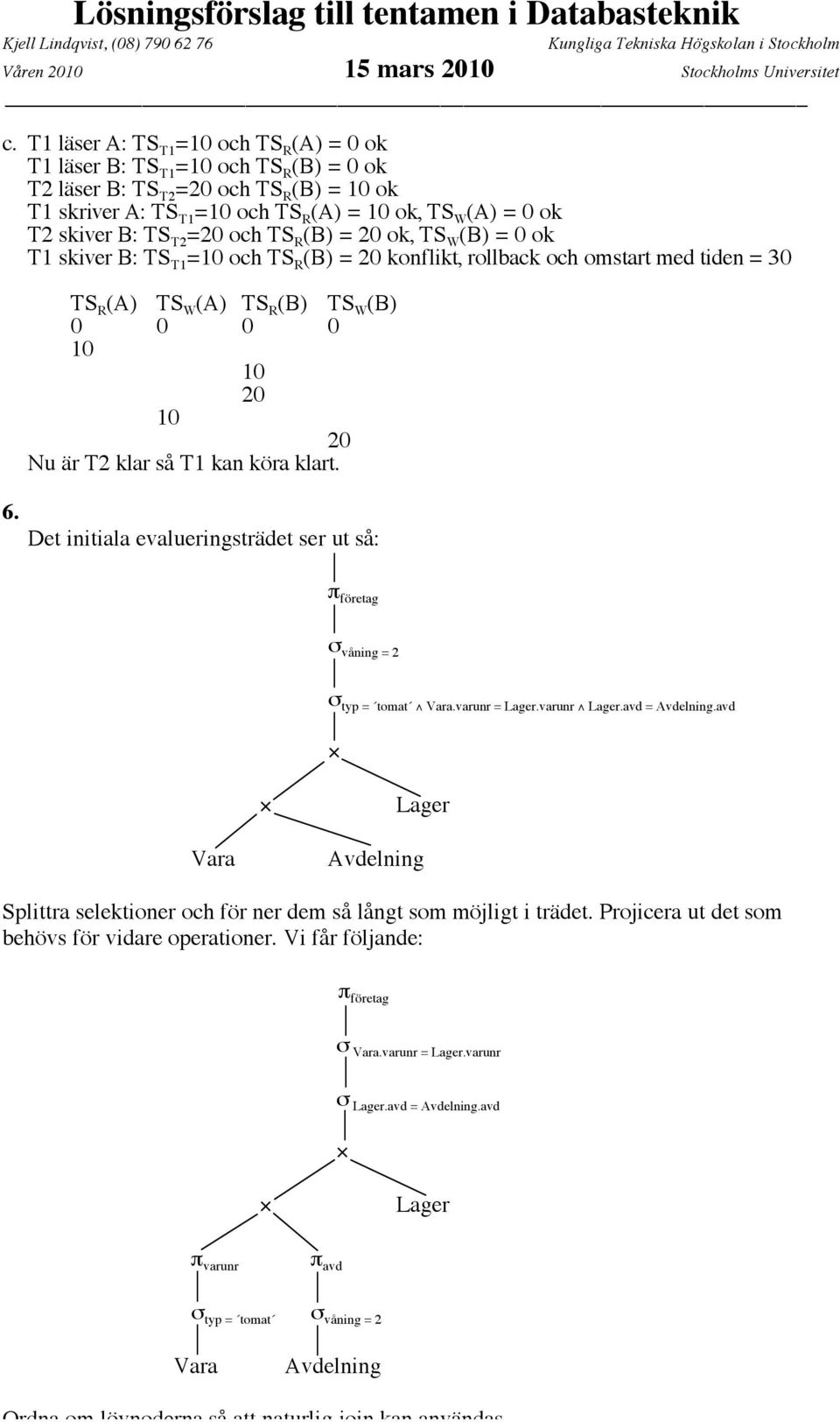 B: TS T2 =20 och TS R (B) = 20 ok, TS W (B) = 0 ok T1 skiver B: TS T1 =10 och TS R (B) = 20 konflikt, rollback och omstart med tiden = 30 TS R (A) TS W (A) TS R (B) TS W (B) 0 0 0 0 10 10 20 10 20 Nu