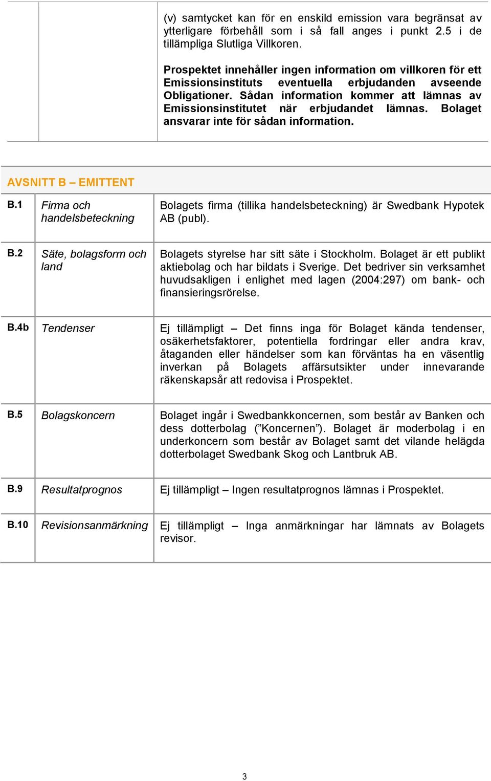 Sådan information kommer att lämnas av Emissionsinstitutet när erbjudandet lämnas. Bolaget ansvarar inte för sådan information. AVSNITT B EMITTENT B.