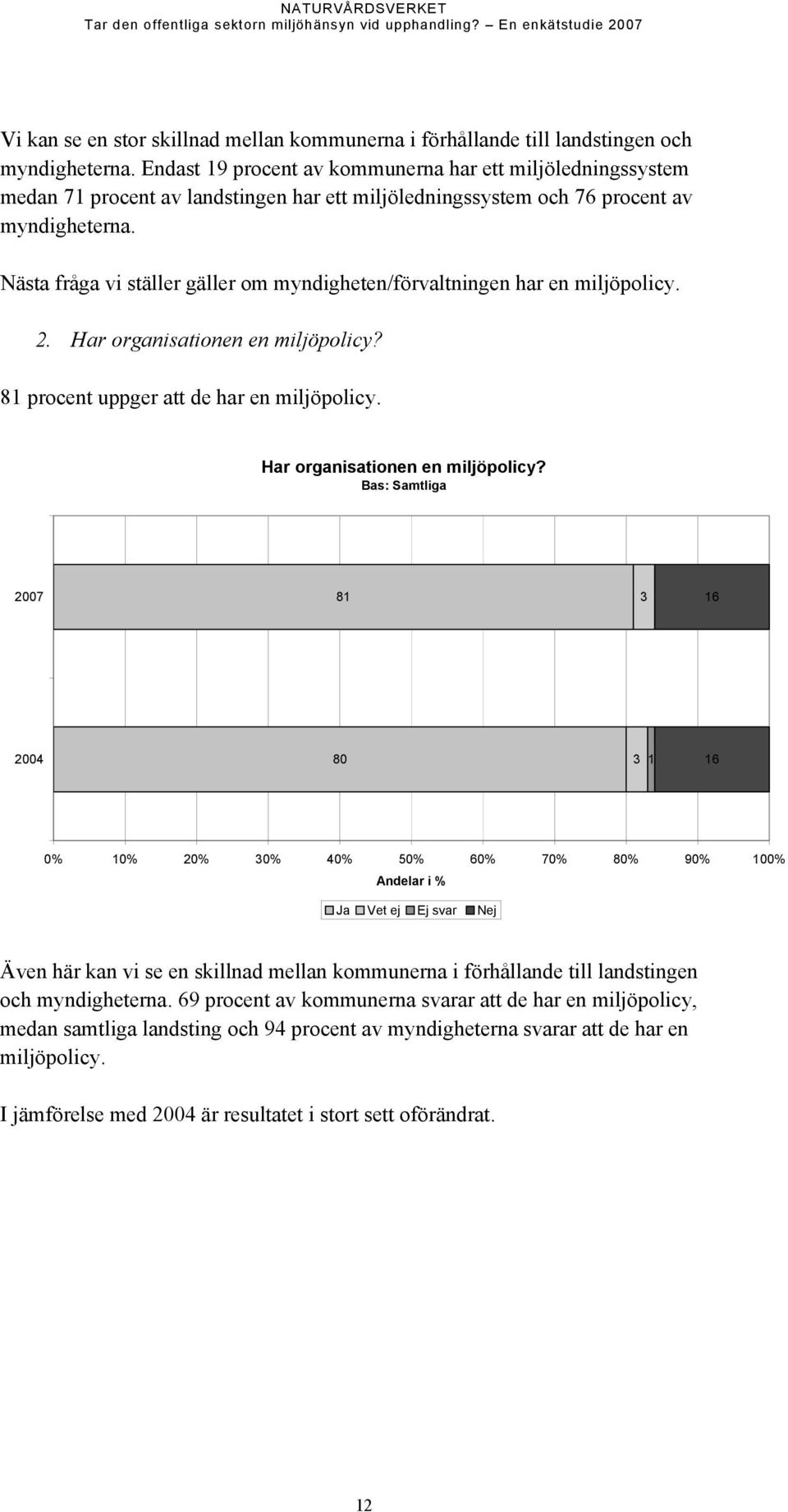 Nästa fråga vi ställer gäller om myndigheten/förvaltningen har en miljöpolicy. 2. Har organisationen en miljöpolicy?