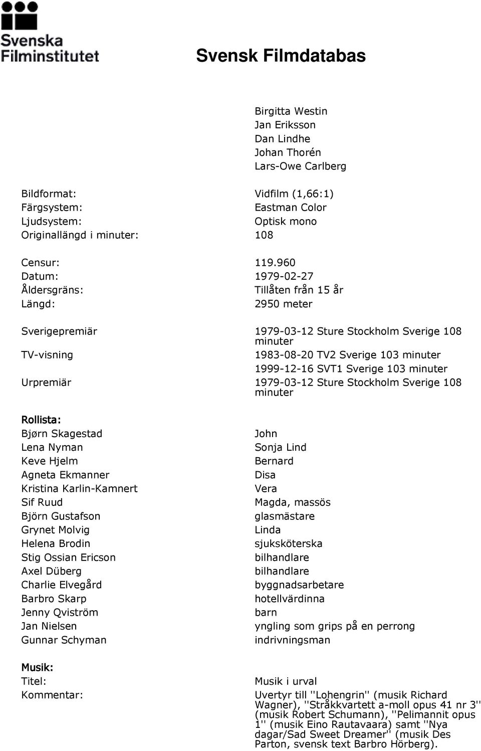 Sverige 103 minuter Urpremiär 1979-03-12 Sture Stockholm Sverige 108 minuter Rollista: Bjørn Skagestad Lena Nyman Keve Hjelm Agneta Ekmanner Kristina Karlin-Kamnert Sif Ruud Björn Gustafson Grynet