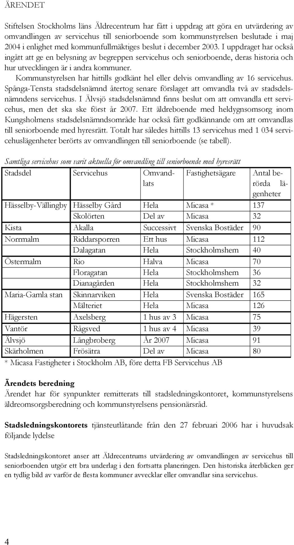 Kommunstyrelsen har hittills godkänt hel eller delvis omvandling av 16 servicehus. Spånga-Tensta stadsdelsnämnd återtog senare förslaget att omvandla två av stadsdelsnämndens servicehus.