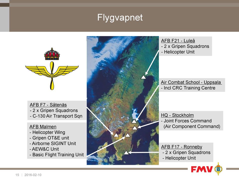 Wing - Gripen OT&E unit - Airborne SIGINT Unit - AEW&C Unit - Basic Flight Training Unit HQ - Stockholm -