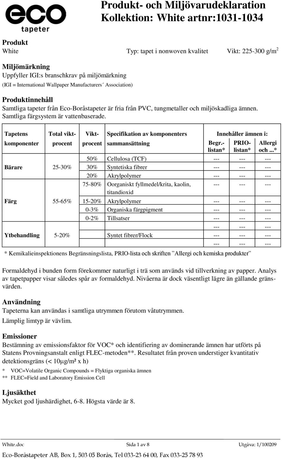 --- --- Färg 55-65% 15-20% Akrylpolymer --- --- --- 0-3% Organiska färgpigment --- --- --- 0-2% Tillsatser --- --- --- --- ---