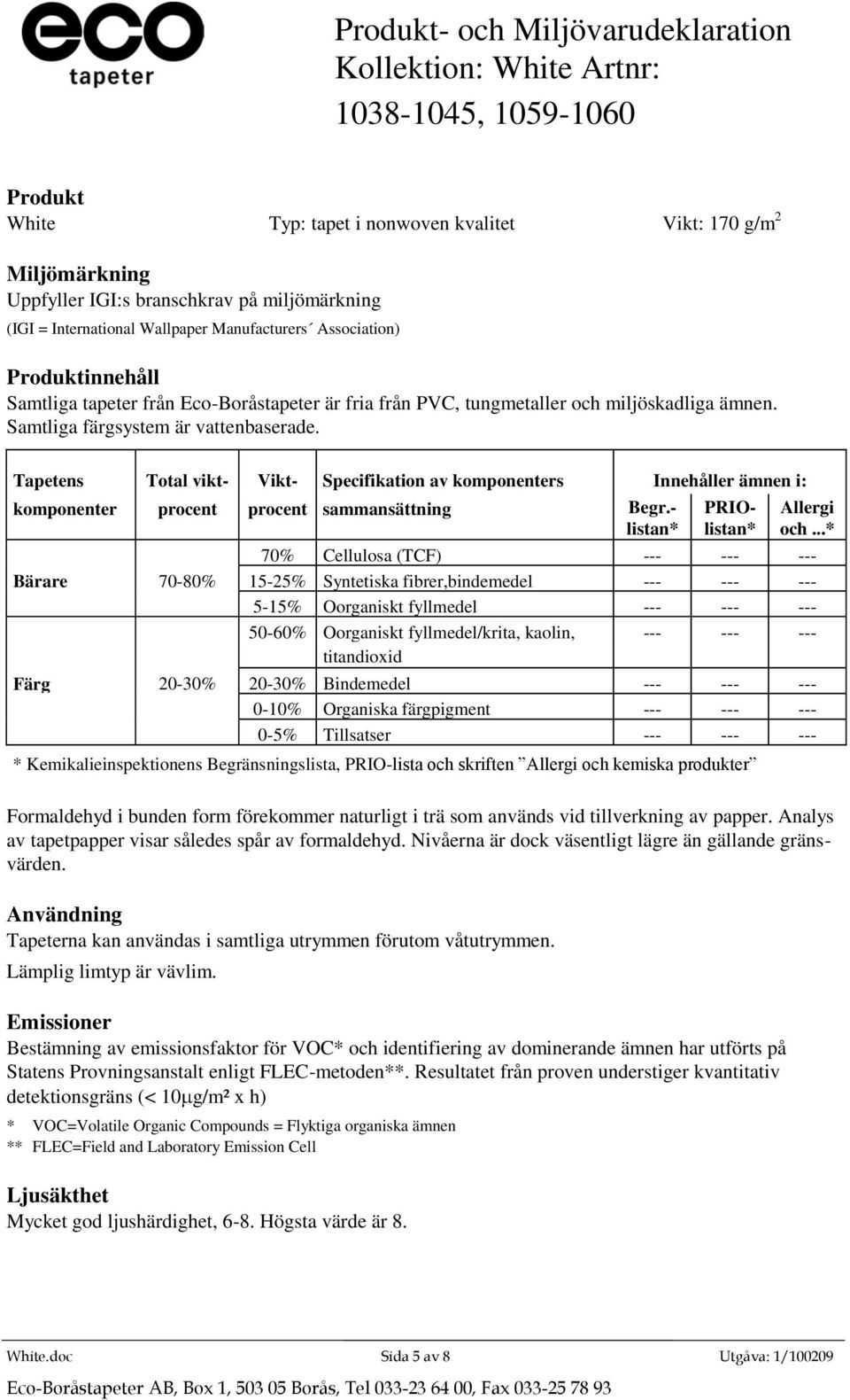 --- 50-60% Oorganiskt fyllmedel/krita, kaolin, --- --- --- Färg 20-30% 20-30% Bindemedel --- --- --- 0-10%